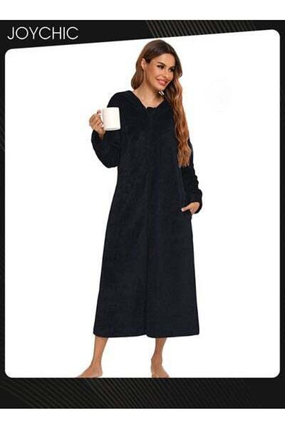 HALAMODO Long-sleeved Flannel Warm and Windproof Nightgown Cardigan Women Zipper Long Bedroom Pajamas