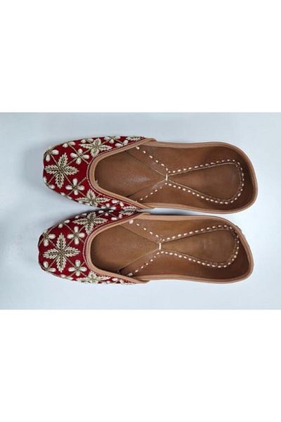 Generic Traditional Indian Jutti Flats, Red Velvet with Pearl Embroidery, Handcrafted Women's Mojari Shoes,