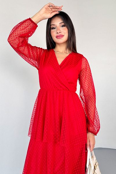 Cappmoda ELB-01797 Κόκκινο φόρεμα με διπλό γιακά με δαντέλα με πλισέ άμμο