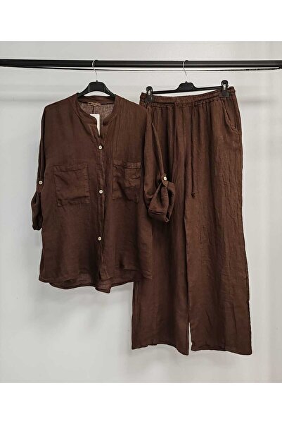 Luisido Γυναικείο καφέ ιταλικό πουκάμισο με γιακά δικαστή με απλό λινό κοστούμι