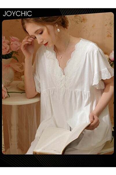 HALAMODO 2-piece French Sweet Style Pajamas Short-sleeved Cropped Pants Lace V-neck Comfortable Nightgown