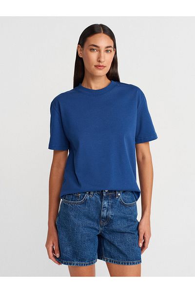 Dilvin 30312 Decorative Stitched Crew Neck Tshirt-Indigo