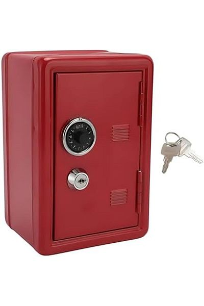 Biki Iron Piggy Bank Coin Safe, Key Lock, Money Drop Slot, Red, 18x12x10cm, For Kids' Savings