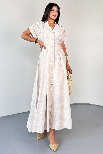 Cappmoda ELB-01798 Φόρεμα λινό πουκάμισο με λεπτομέρεια ώμου με δαντέλα σε χρώμα πέτρας