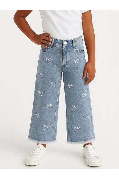 Zekids Girls' Bow Embroidered Denim Trousers