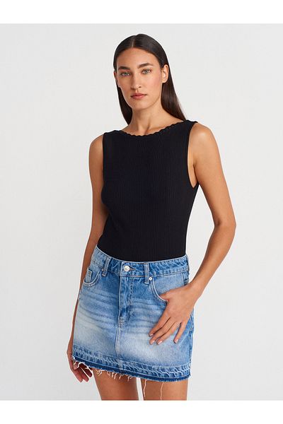 Dilvin 10764 Boat Neck Ribbed Knitwear Blouse-Black