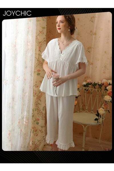 HALAMODO 2-piece French Sweet Style Pajamas Short-sleeved Cropped Pants Lace V-neck Comfortable Nightgown