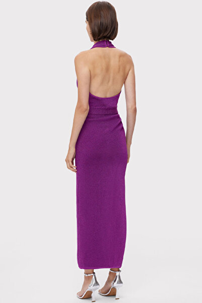 Herve Leger METALLIC HALTER PLUNGE DRESS - HERVE LEGER - PURPLE, XS
