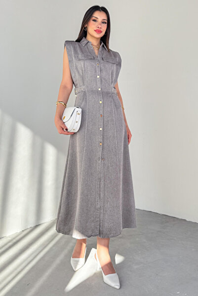 Cappmoda Elb-01788 Smoked Polo Collar Pocket Tie Detail Raw Linen Shirt Dress