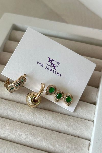 TAKIŞTIR مجموعة أقراط YSX مكونة من 3 قطع مع تفاصيل حجرية ذهبية اللون