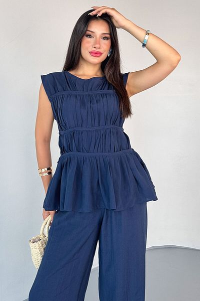 Cappmoda Tkm-13317 Navy Blue Flounce Blouse & Loose Trousers with Tie Detail Double Set