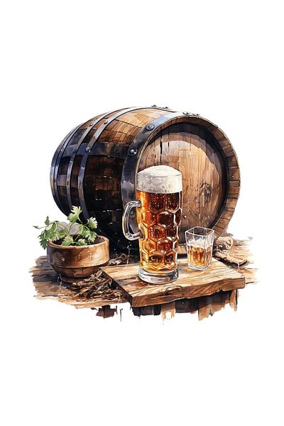 INOVATIX Set of 8 pieces, Sticker Barrel with beer mug and wooden bowl with greenery, INOVATIX®. 6 cm