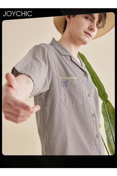 HALAMODO Fairy Shiled Fabric Short-sleeved Long Pants Pajama Set Skin-friendly Breathable Men's Home Clothe