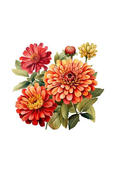 INOVATIX Set de 8 piese, Buchet autocolant cu flori de zinnia roșii și galbene, INOVATIX®. 6 cm