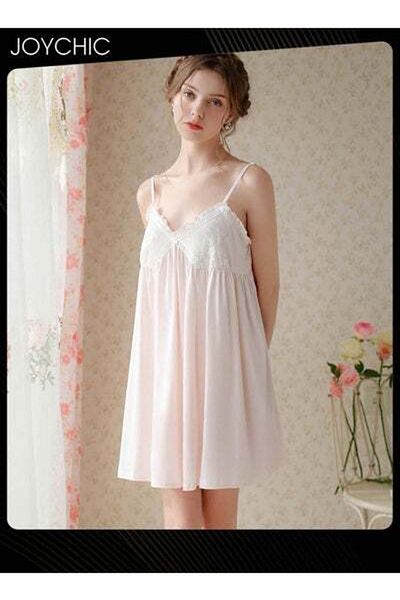 HALAMODO Palace Princess Sweet Style Women's Cotton Nightgown Comfty Suspender Loose Lace Sleepwear