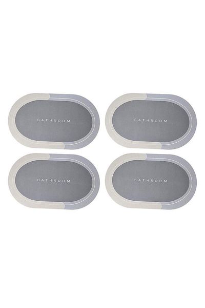 SIKS Set of 4 SIKS Anti-Slip Bath Mats, "Bathroom" Pattern, Oval, 78 x 48 cm, Light Blue/Grey