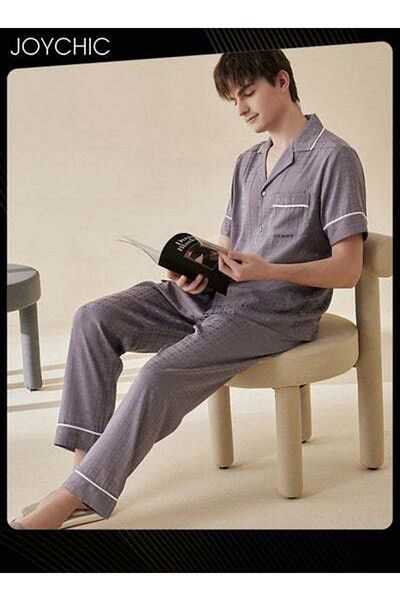 HALAMODO Fairy Shiled Fabric Short-sleeved Long Pants Pajama Set Skin-friendly Breathable Men's Home Clothe