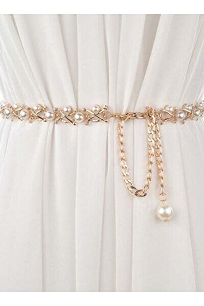 HALAMODO Chain Tassel Decorative Belt Gold/White