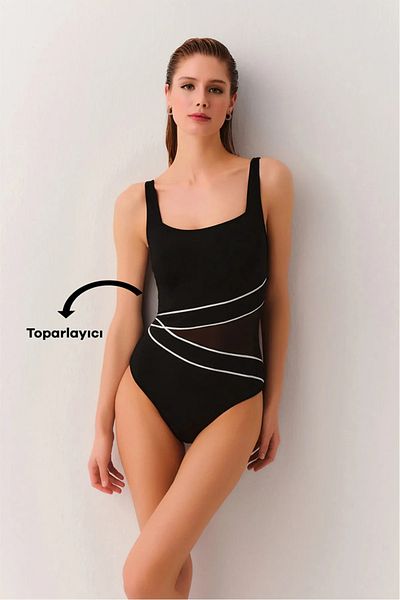SUWEN Black Tulle Piping Corset Swimsuit
