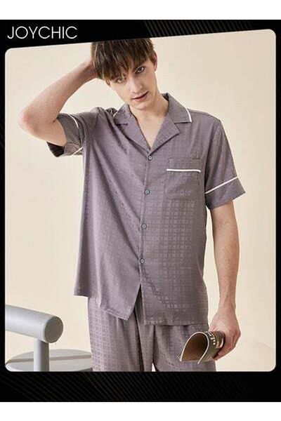 HALAMODO Fairy Shiled Fabric Short-sleeved Long Pants Pajama Set Skin-friendly Breathable Men's Home Clothe