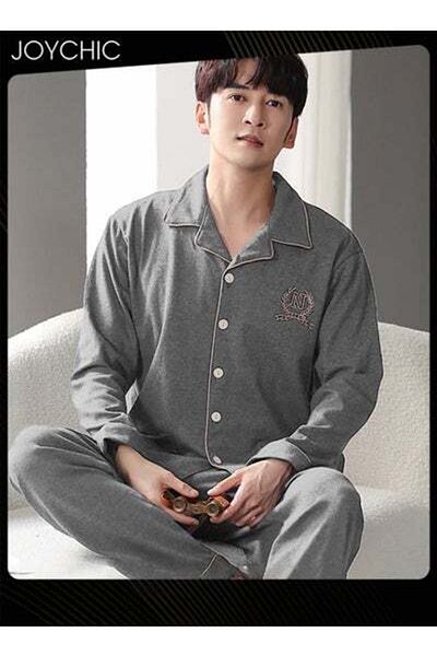 HALAMODO Classic Men's Bedroom Pajamas Set Pure Cotton Warm Windproof Long-sleeved Cardigan Sleepwear