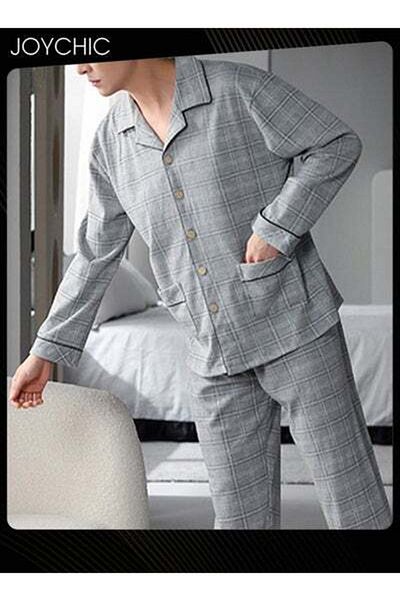 HALAMODO 2-Piece of Simple Leisure Men's Pajamas Set Pure Cotton Long-sleeved Loose Neckline Design Cardigan
