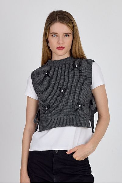 Rays Anthracite Ribbon Detailed Side Tie Knitwear Sweater 2101