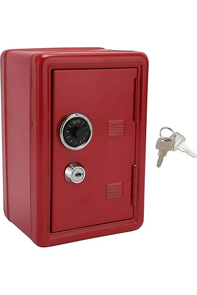 Biki Iron Piggy Bank Coin Safe, Key Lock, Money Drop Slot, Red, 18x12x10cm, For Kids' Savings