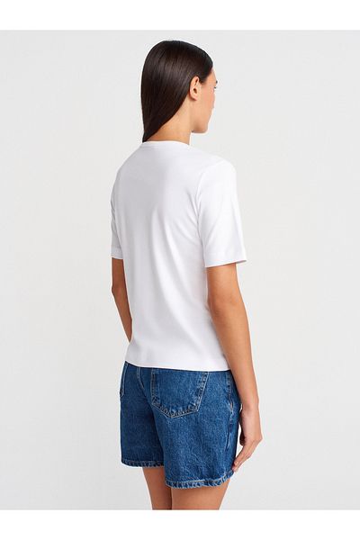 Dilvin 31840 V-Neck Short Sleeve T-Shirt-White