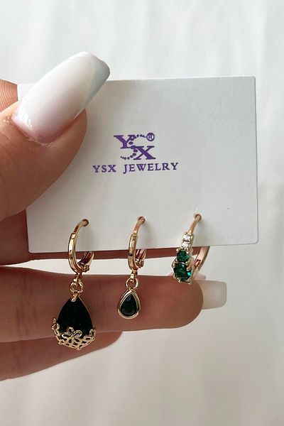 TAKIŞTIR مجموعة أقراط YSX مكونة من 3 قطع مع تفاصيل حجرية ذهبية اللون