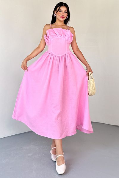 Cappmoda ELB-01807 Ροζ μπροστινό πλισέ μπουστάκι με λουράκι από ύφασμα μουσελίνας