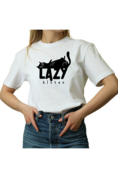 OEM Women's T-shirt, Lazy Kitten, For cat lovers, white color, size S