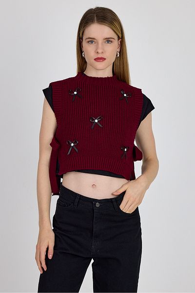 Rays Burgundy Ribbon Detailed Side Tie Knitwear Sweater 2101