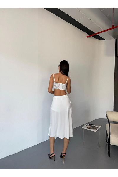 MEBA Women's Sandy Fabric High Waist Slit White Midi Length Shorts Skirt with Inside Pocket, Flared Skirt