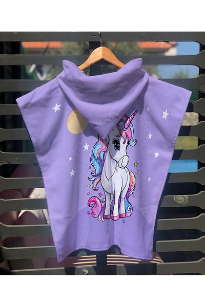 Evmila Unicorn Patterned Children's Poncho Beach Towel & Bathrobe 60X60 cm