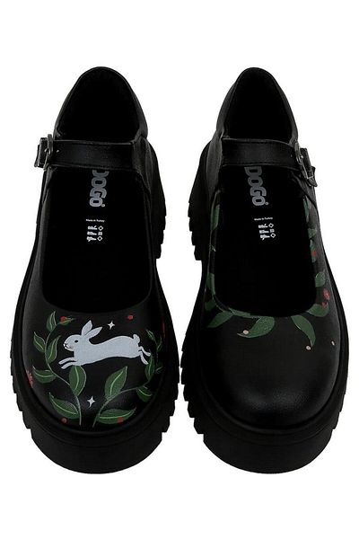 Dogo Women's Vegan Leather Black Mary Jane Loafer - Bunny with Herbs Design