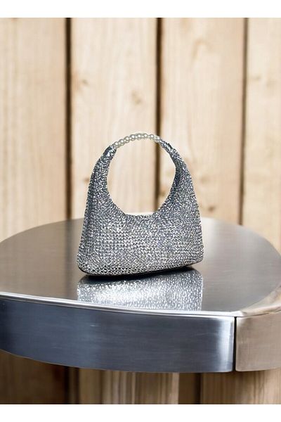 Katusa Women's Silver Metallic Mesh Hand Knitted Pearl and Sparkling Bohemian Handbag