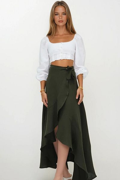 VAGGON Women's Khaki Asymmetrical Cut Button Closure Muslin Skirt Vs00207