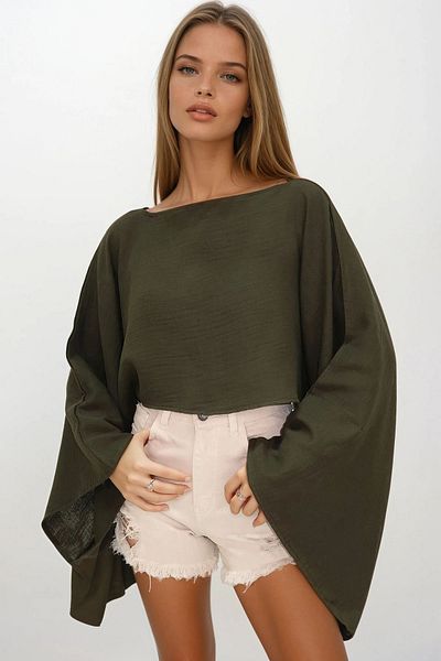 VAGGON Women's Khaki Boat Neck Yarsa Sleeve Crop Muslin Blouse Vs00210