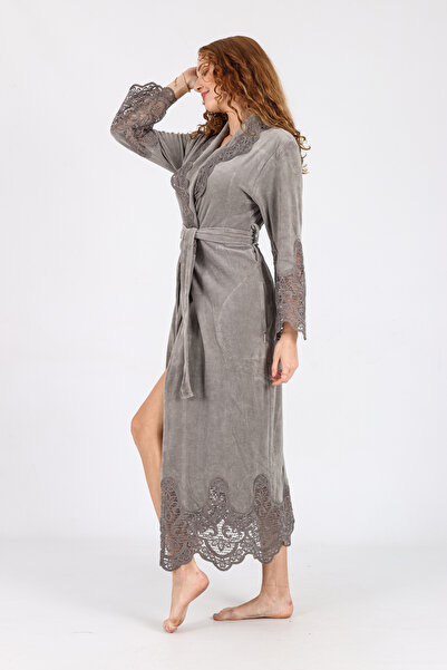 Nuşa Stripe Lace Niki Velvet Bamboo Cotton Dressing Gown