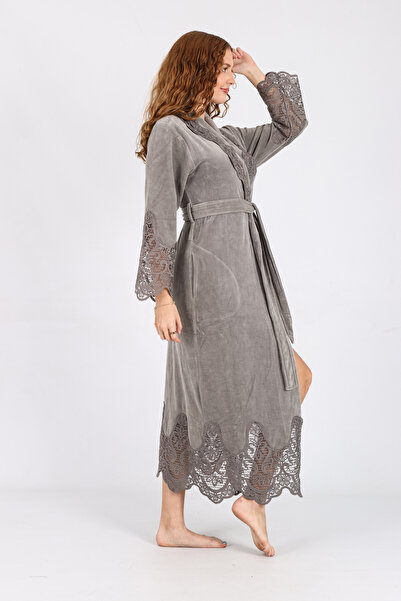 Nuşa Stripe Lace Niki Velvet Bamboo Cotton Dressing Gown