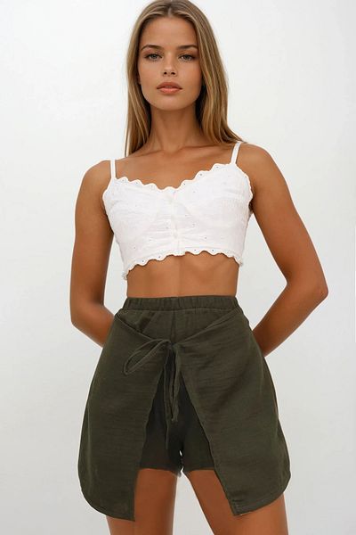 VAGGON Women's Khaki Elastic Waist Tie Detailed Covered Muslin Shorts Skirt Vs00209