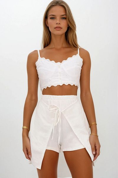 VAGGON Women's Ecru Elastic Waist Tie Detail Covered Muslin Shorts Skirt Vs00209