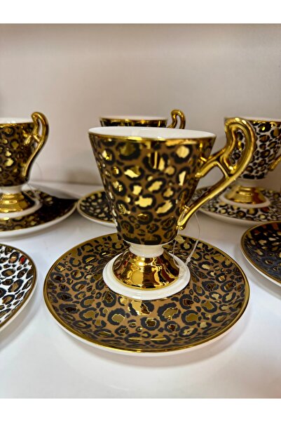hediye ESTERHOMEDECOR 6 kişilik leoparlı porselen kahve fincan takımı gold