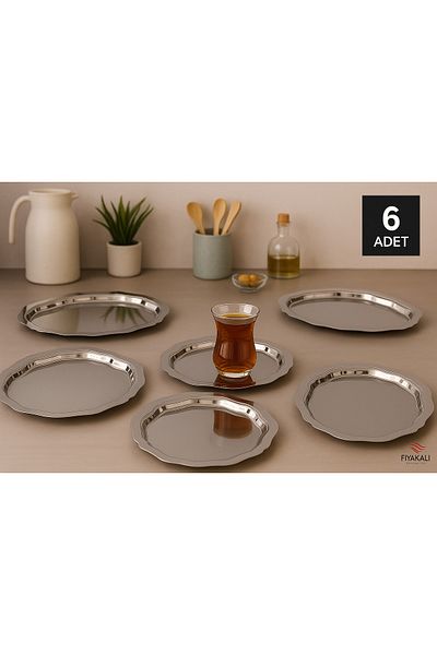 Fiyakalı Ürünler Atölyesi 6 Pieces Stainless Steel, Shiny, 20X25 cm Oval, Wavy Serving, Presentation, Single Tea, Coffee Presentation Tray