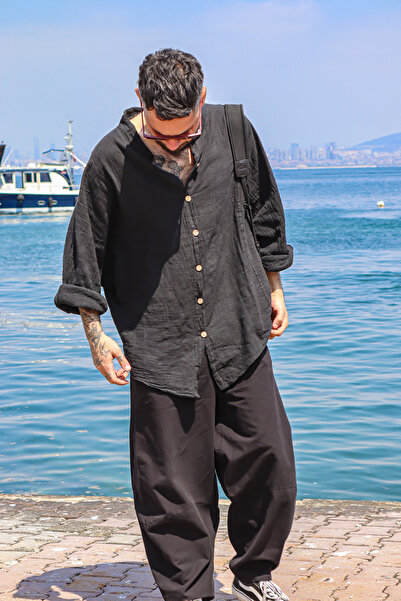 Oiki Oversize Siyah Bohem Erkek Gömlek – Pamuk Keten Karışımı, İnce Kumaş, Salaş ve Rahat Yazlık Tasarım