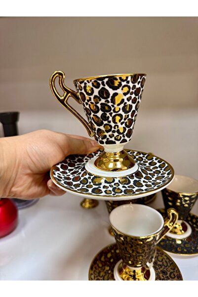 hediye ESTERHOMEDECOR 6 kişilik leoparlı porselen kahve fincan takımı gold