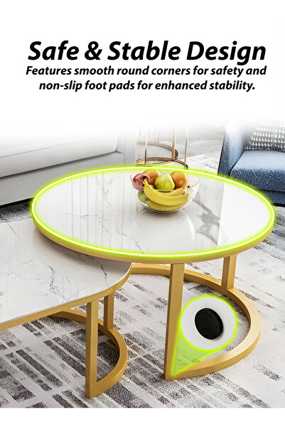 DBLEW Set Of 2 Pcs Glass Nesting Coffee Table Modern Faux Marble Finish Round Oval Sofa Side Tea Tables