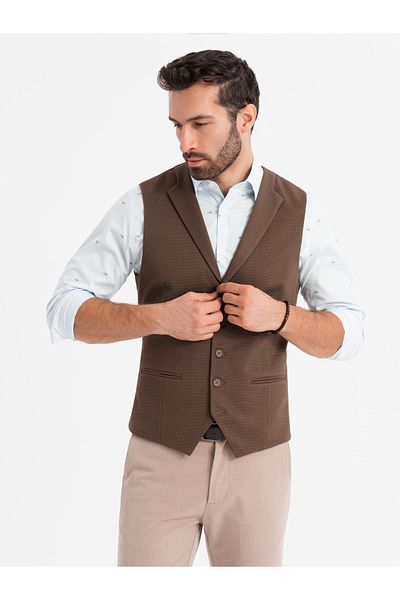 OMBRE Taillierte Herren Strukturstrickweste mit Revers - braun V2 OM-BLZV-0144 S