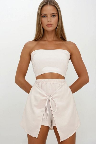 VAGGON Women's Beige Elastic Waist Tie Detailed Covered Muslin Short Skirt Vs00209